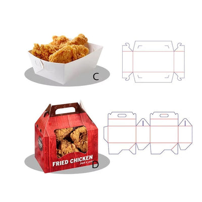 Cajas de papel personalizadas para pollo frito | Caja para pollo con tapa abatible y bandeja para alimentos con logo | Cantidad mínima de pedido: 100 unidades