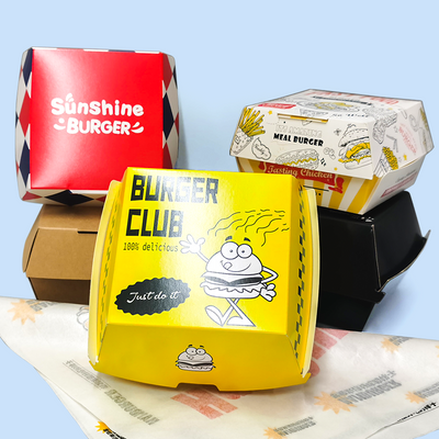 Juego de embalaje personalizado para comida rápida | Cajas de hamburguesas, vasos para patatas fritas y bolsas de papel con logo | MOQ 100 unidades