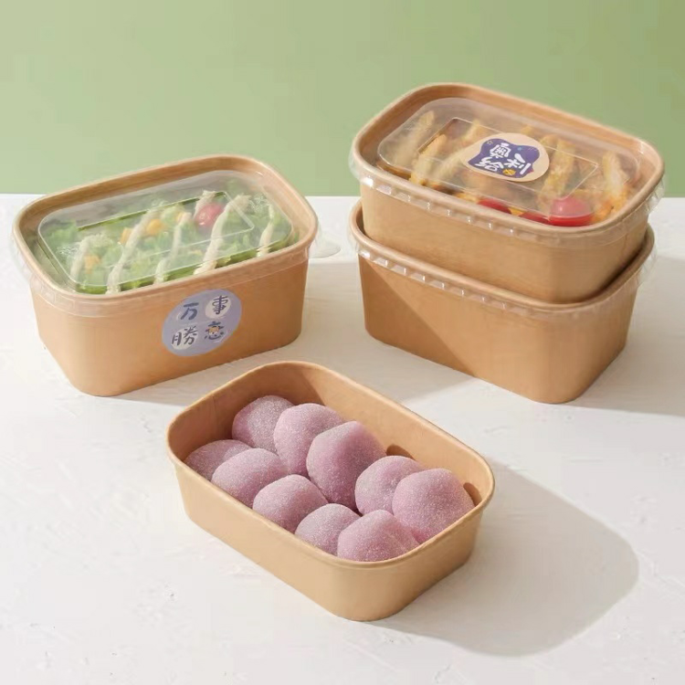 Custom Kraft Paper Square Food Containers with Lid | 500ml 650ml 750ml 1000ml Salad Lunch Box with Logo | MOQ 100 pcs