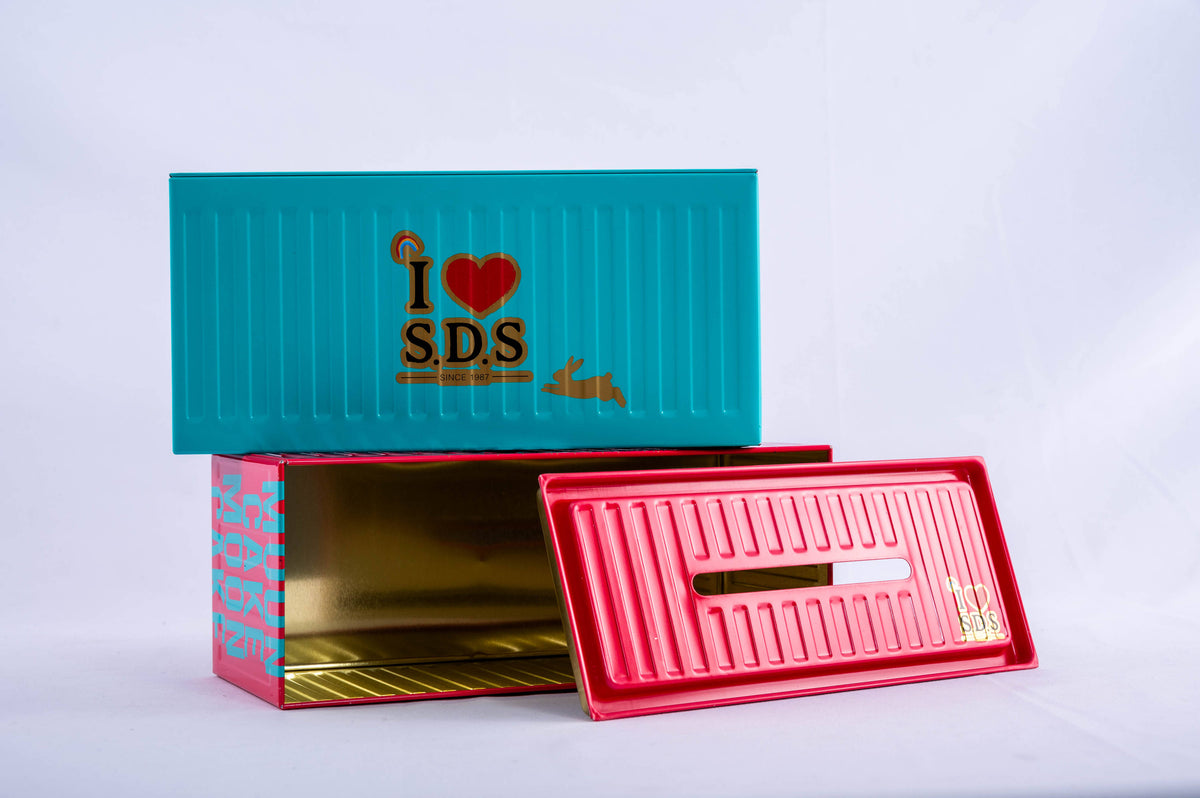 Custom Container Shape Mooncake Tin Box with Coin Slot Lid | Embossed Corrugated Texture Multi-Color Blue Red Pink Full-Color Brand Print for Mid-Autumn Festival & Holiday Gift Tin | MOQ 100 pcs