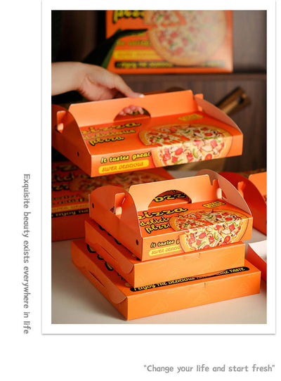 Custom Full-Color Print Pizza Box | Orange Square and Handle Carry Style with Brand Logo Print for Pizza Restaurant Fast Food & Takeaway Delivery Packaging | MOQ 100 pcs