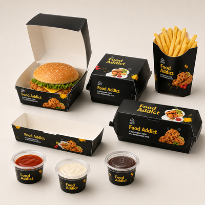 Set de embalaje personalizado negro para comida rápida | Vasos y bolsas para pollo frito y hamburguesas con logo | Cantidad mínima de pedido: 100 unidades