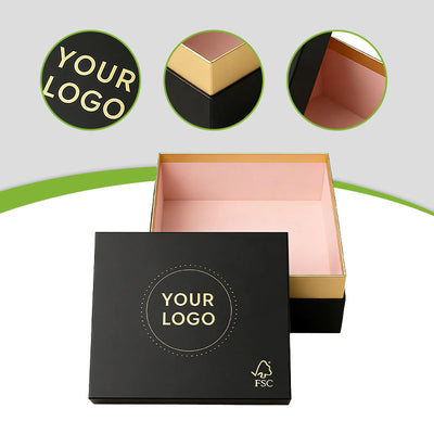 Custom Matte Black Two-Piece Lid and Base Gift Box | Gold Interior Pink Base Gold Foil Logo FSC Certified for Beauty Skincare Apparel Candy & Gift Brand Packaging | MOQ 100 pcs