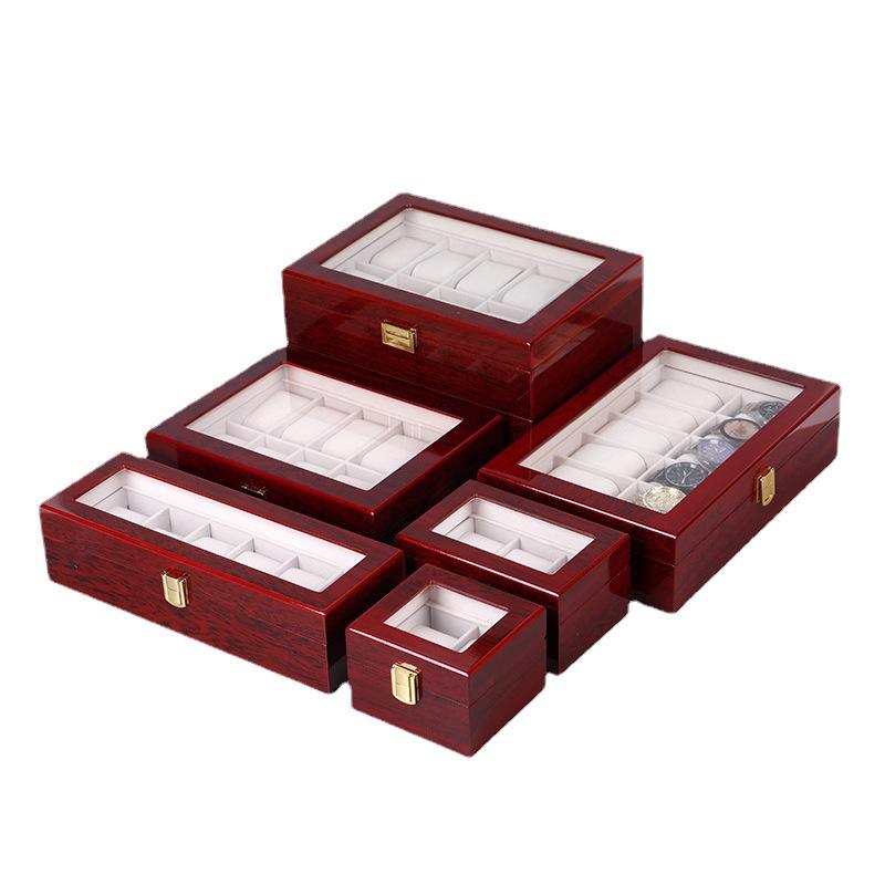 Custom Deep Red Piano Lacquer Glass Lid Multi-Slot Watch Display Wood Box | Gold Metal Clasp Cream Velvet Watch Pillows 1-3 / 5 / 10 / 12 Slot Options for Watch Brand & Retailer Display Gift | MOQ 100 pcs