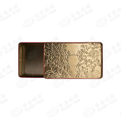 Custom Large Rectangle Chinese Style Embossed Peony Tin Box | Red Full-Surface 3D Floral Emboss Gold Brand Badge Print Hinged Lid for Mooncake Pastry & Premium Mid-Autumn Spring Festival Gift Tin | MOQ 100 pcs