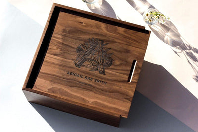 Custom Natural Solid Wood Laser Engraved Sliding Lid Gift Box | Walnut or Pine Custom Brand Logo Name Monogram & Date Top Engraving for Wedding Anniversary Photo Keepsake Personalized Brand Gift | MOQ 100 pcs