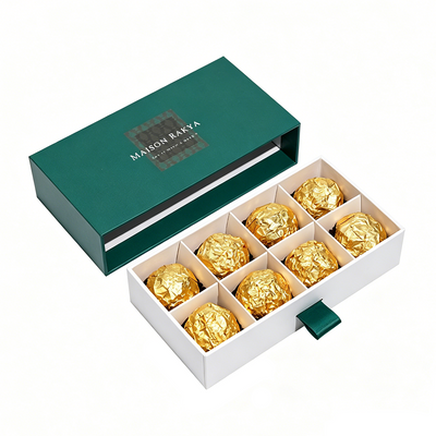 Custom Dark Green Drawer Gift Box | Clear PVC Window Silver Logo Ribbon Pull & Grid Insert for Chocolate Candy Macaron Mooncake & Food Gift Sets | MOQ 100 pcs
