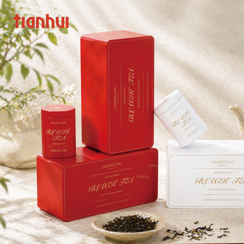 Custom Premium Tea Gift Set Tin Box | Rectangle Tray with 2 Round Tea Caddies Gold Foil Script Print Foam Interior Red or White for Black Tea Green Tea Coffee & Luxury Brand Gift Set | MOQ 100 pcs