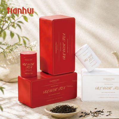Custom Premium Tea Gift Set Tin Box | Rectangle Tray with 2 Round Tea Caddies Gold Foil Script Print Foam Interior Red or White for Black Tea Green Tea Coffee & Luxury Brand Gift Set | MOQ 100 pcs