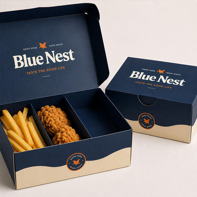 Custom Navy Blue Meal Box Set | Branded Fast Food Packaging with Burger Box Fry Cup & Coffee Cup | MOQ 100 pcs