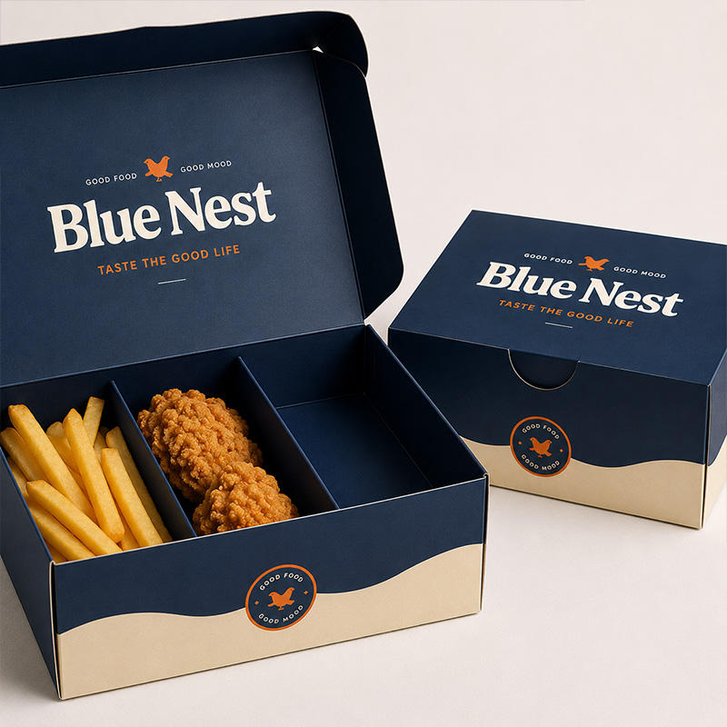 Custom Navy Blue Meal Box Set | Branded Fast Food Packaging with Burger Box Fry Cup & Coffee Cup | MOQ 100 pcs