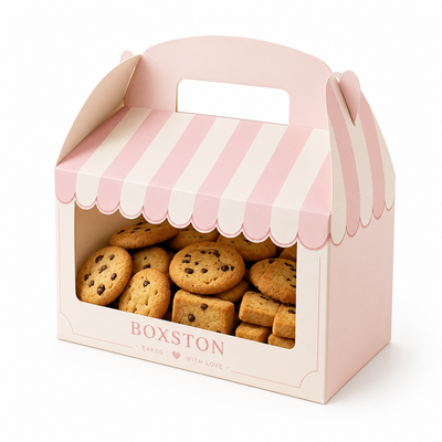 Custom Bakery House Shape Cookie Gift Box with Clear Window | Scallop Awning Handle & Full-Color Stripe Brand Print for Cookie Macaron & Pastry Gift Packaging | MOQ 100 pcs