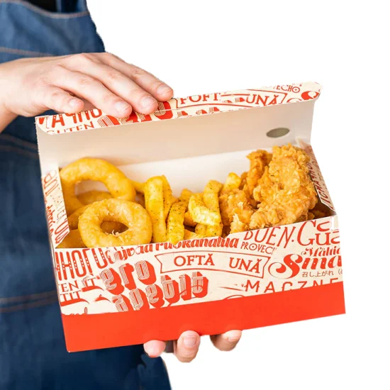 Juego personalizado de cajas de cartón con asa para pollo frito | Cajas de pollo, bandejas de papel y cajas para llevar con logotipo | Cantidad mínima de pedido: 100 unidades