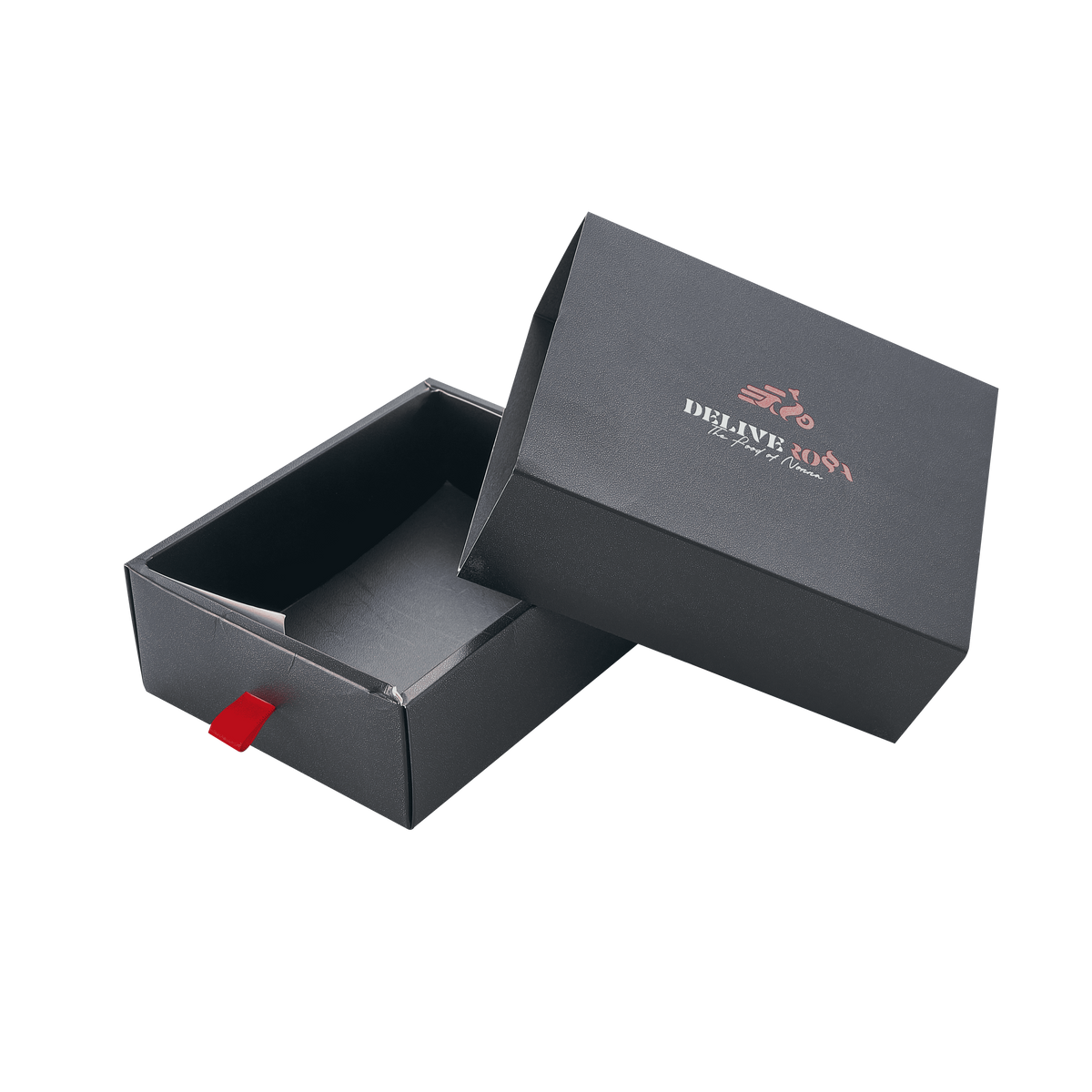 Custom Matte Black Drawer Gift Box | Red Foil Logo & Brand Slogan Red Ribbon Pull for Apparel Footwear Beauty & Luxury Fashion Brand Retail Packaging | MOQ 100 pcs