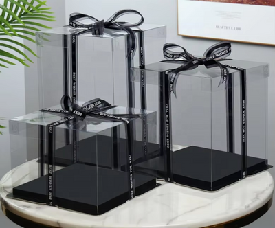 Custom Clear PVC Cake Display Gift Box | White Cardboard Lid & Base Satin Ribbon Bow Multi-Height Sizes for Birthday Cake Dessert Flower Gift Brand Packaging | MOQ 100 pcs