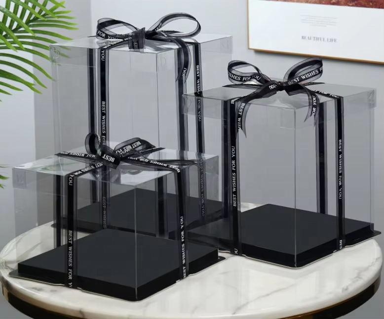 Custom Clear PVC Cake Display Gift Box | White Cardboard Lid & Base Satin Ribbon Bow Multi-Height Sizes for Birthday Cake Dessert Flower Gift Brand Packaging | MOQ 100 pcs