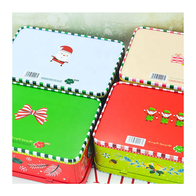 Custom Christmas Theme Full-Color Rectangle Hinged Tin Box | Santa Claus Christmas Tree Penguin Wreath & Bear Multi-Pattern for Holiday Cookie Candy & Festive Gift Tin Packaging | MOQ 100 pcs