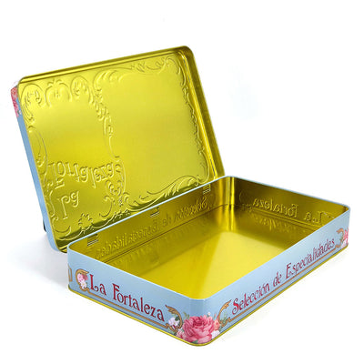 Custom European Vintage Style Rectangle Hinged Tin Box | Powder Blue Gold Scroll Pink Rose Victorian Children Full-Color Print for Cookie Tea Candy & Premium Gift Tin Packaging | MOQ 100 pcs