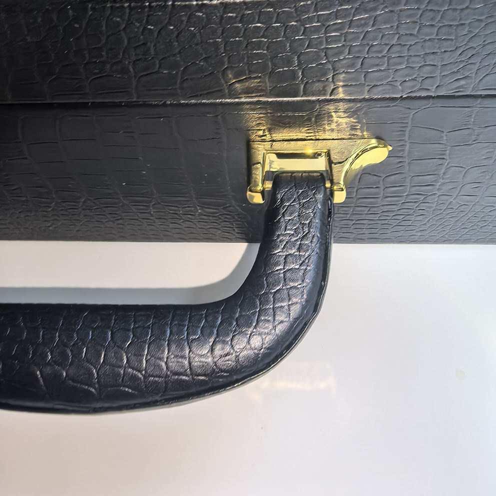 Custom Large Briefcase Style Wood Box | Black Matte Wood Grain Gold Metal Clasp & Handle Red Satin Interior Inner Lid Brand Logo Print for Beauty Skincare Perfume Jewelry Wine Gift Set | MOQ 100 pcs
