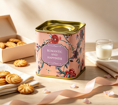 Custom Small Square Floral Romantic Tin Can with Gold Rim | 5.5x5.5x6cm Multi-Color Romantic Happiness Best Wishes Print for Tea Candy Aromatherapy & Small Gift Tin Packaging | MOQ 100 pcs