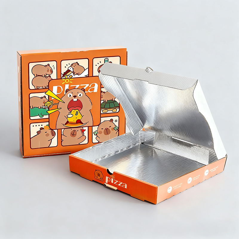 Custom Full-Color Print Insulated Pizza Box with Aluminum Foil Lining | Cartoon Character Print in Yellow Green Red for Pizza Delivery Takeaway Brand Packaging | MOQ 100 pcs