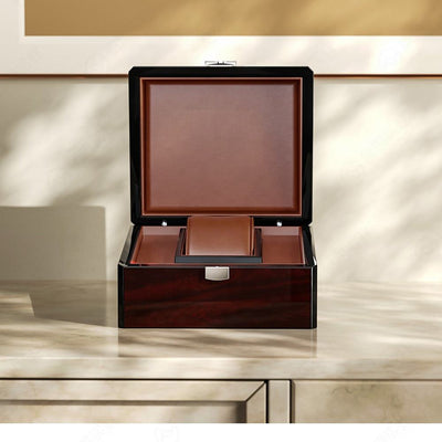 Custom Single Watch Wood Box | Deep Red High-Gloss Piano Lacquer Silver Front Clasp Brown Velvet Watch Pillow Interior for Luxury Watch Brand & Retailer Premium Gift Packaging | MOQ 100 pcs