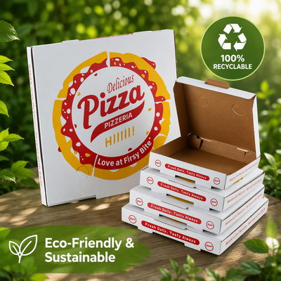 Custom Standard Square Corrugated Pizza Box | White Food Grade with Full-Color Brand Logo Print in Multiple Sizes for Pizza Restaurant & Takeaway Delivery Packaging | MOQ 100 pcs