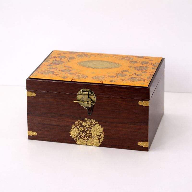 Custom Chinese Antique Style Dark Walnut Wood Treasure Gift Box | Gold Floral Brocade Lid Brand Logo Antique Brass Hinge Round Lock Corner Guard EVA Velvet Insert for Tea Jewelry Cigar Wine Festival Gift | MOQ 100 pcs