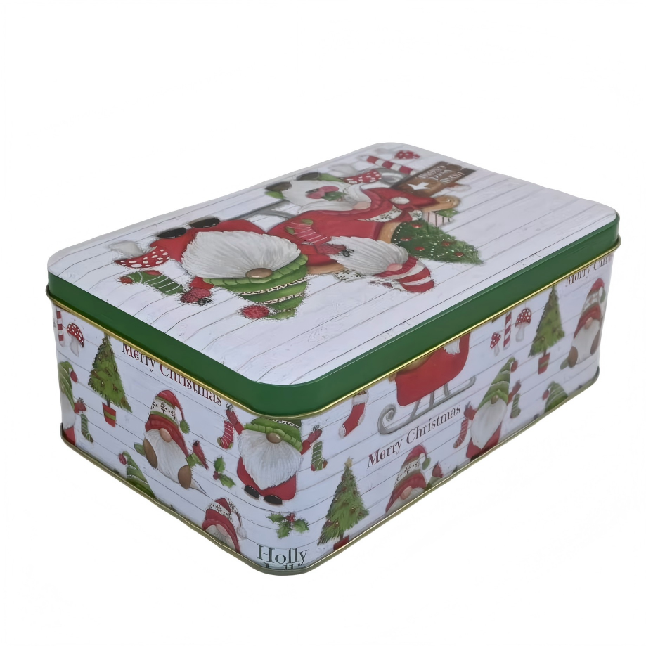 Custom Christmas Gnome Print Rectangle Tin Box Set | White Green Full-Color Home Sweet Gnome Merry Christmas Design for Holiday Cookie Candy & Festive Gift Tin Packaging | MOQ 100 pcs