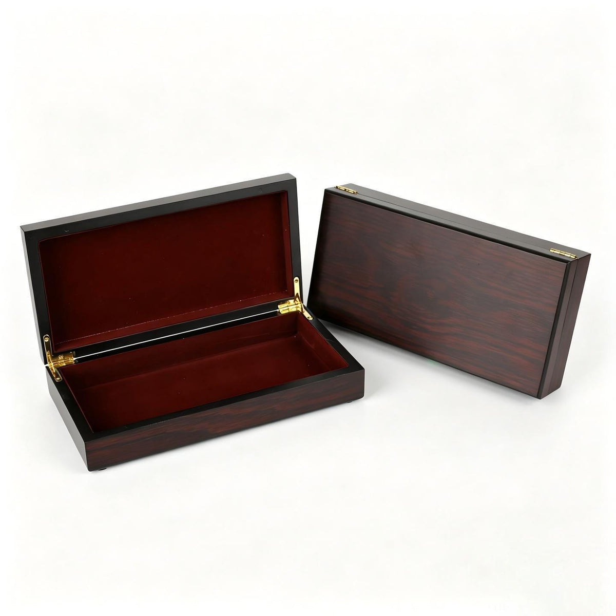 Custom Dark Brown High-Gloss Piano Lacquer Multi-Size Hinged Wood Gift Box | Gold Hinge Wine Red Velvet Interior Minimalist Clasp-Free Design Rectangle Square Slim Sizes for Pen Watch Jewelry Perfume Brand Premium Gift | MOQ 100 pcs