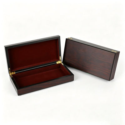 Custom Dark Brown High-Gloss Piano Lacquer Multi-Size Hinged Wood Gift Box | Gold Hinge Wine Red Velvet Interior Minimalist Clasp-Free Design Rectangle Square Slim Sizes for Pen Watch Jewelry Perfume Brand Premium Gift | MOQ 100 pcs