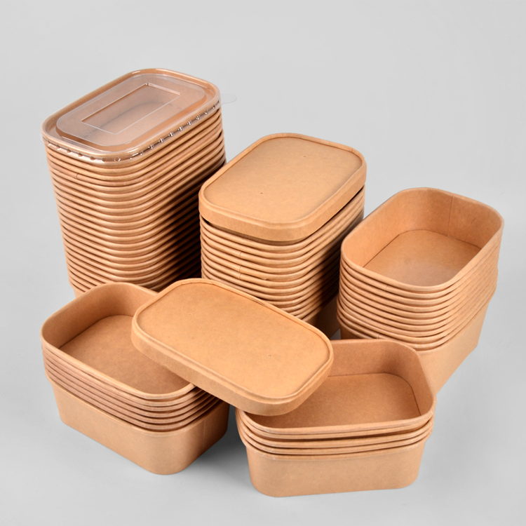 Custom Kraft Paper Square Food Containers with Lid | 500ml 650ml 750ml 1000ml Salad Lunch Box with Logo | MOQ 100 pcs