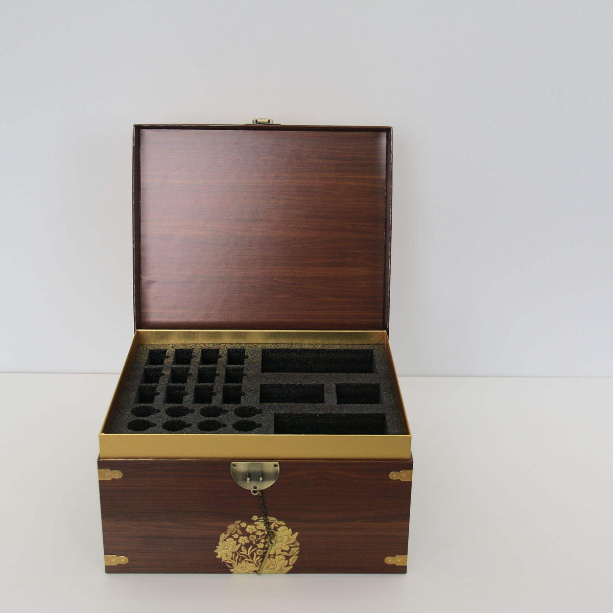 Custom Chinese Antique Style Dark Walnut Wood Treasure Gift Box | Gold Floral Brocade Lid Brand Logo Antique Brass Hinge Round Lock Corner Guard EVA Velvet Insert for Tea Jewelry Cigar Wine Festival Gift | MOQ 100 pcs