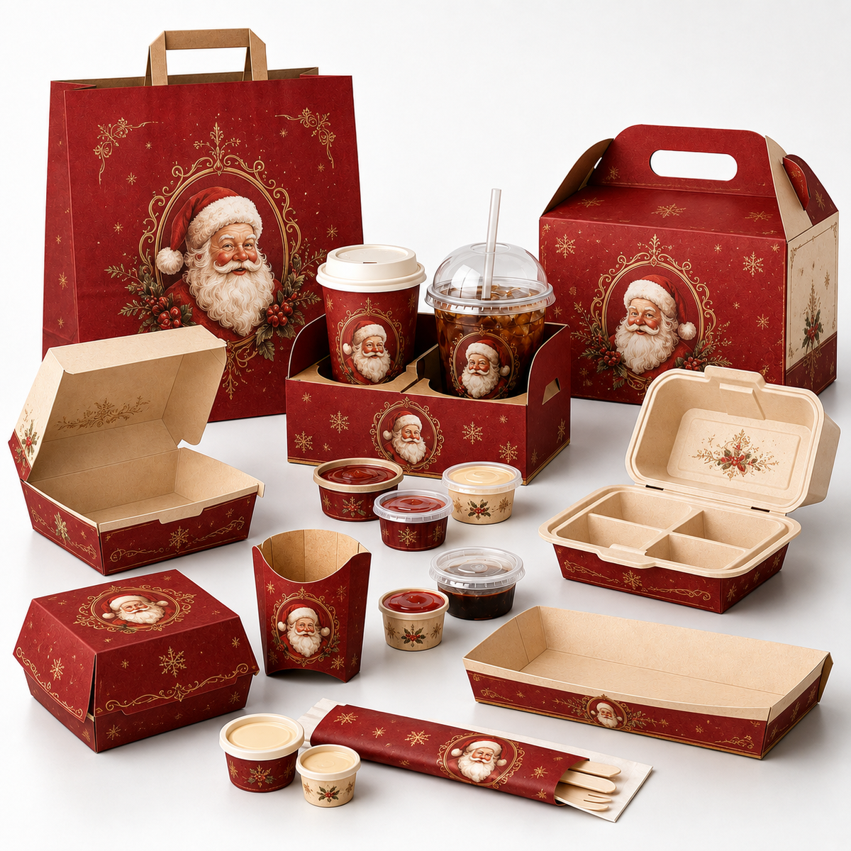 Custom Holiday Christmas Fast Food Paper Box Set | Burger Box Fry Cup Carry Box & Paper Bag | MOQ 100 pcs