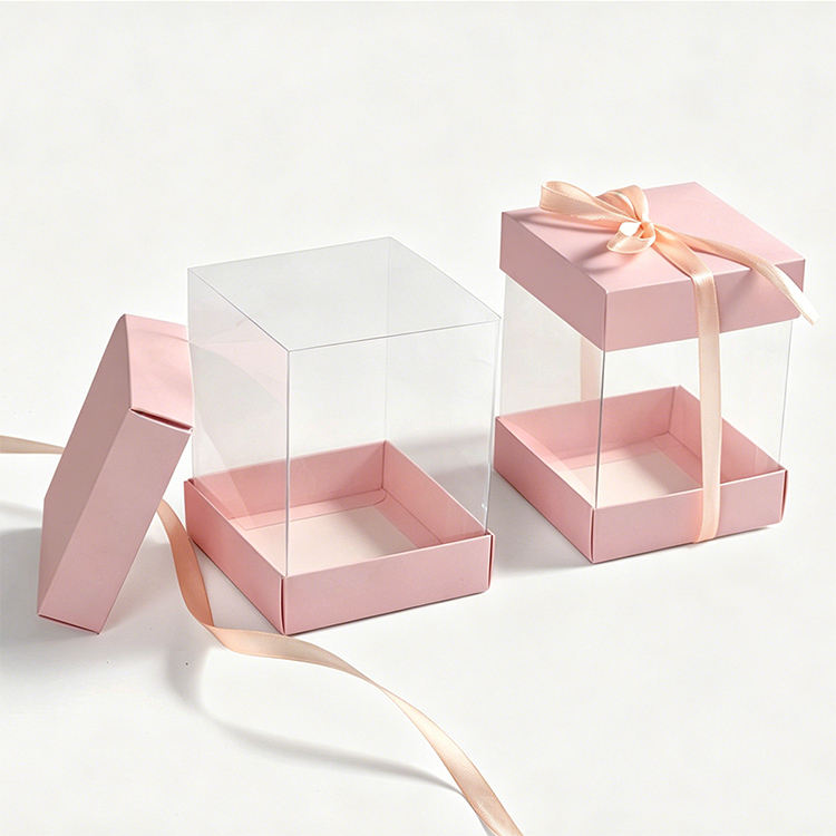 Custom Clear PVC Four-Side Window Gift Display Box | Colored Cardboard Lid & Base Satin Ribbon Bow Multi-Size for Preserved Rose Plush Doll Jewelry Holiday Premium Gift Brand Packaging | MOQ 100 pcs