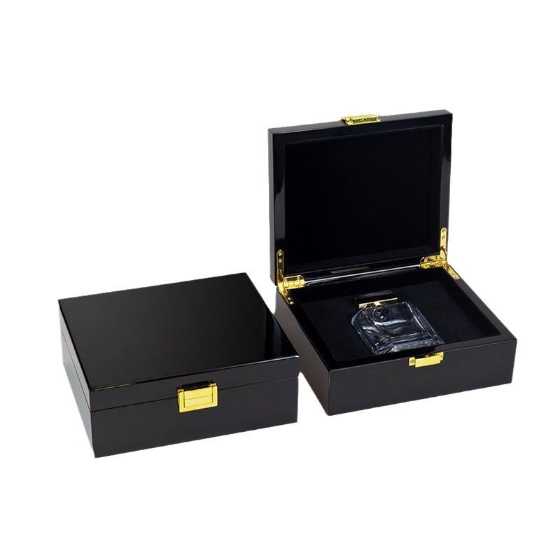 Custom Black Piano Lacquer Hinged Wood Gift Box | Gold Corner Hinges & Front Clasp Black Velvet Interior for Perfume Jewelry Watch Beauty Skincare Luxury Brand Single-Piece Premium Gift | MOQ 100 pcs