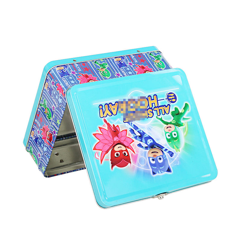Custom Kids Cartoon Superhero Tin Lunch Box with Handle & Clasp | Teal Full-Color Print for Children Candy Snack Stationery & Toy Gift Tin Packaging | MOQ 100 pcs