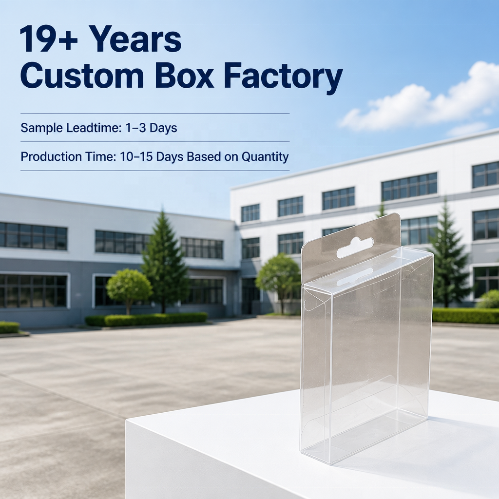 Custom Crystal Clear PVC Folding Display Box with Euro Hang Hole | Multi-Size Optional Full Color Print for Electronics Accessories Toys Beauty Tools Stationery Hardware Small Appliance General Retail Shelf Display | MOQ 100 pcs