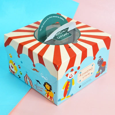 Custom Full-Color Print Paper Cake Carry Box with Handle | Birthday Circus Geometric & Theme Print for Whole Cake Bakery Dessert Shop Takeaway Packaging | MOQ 100 pcs