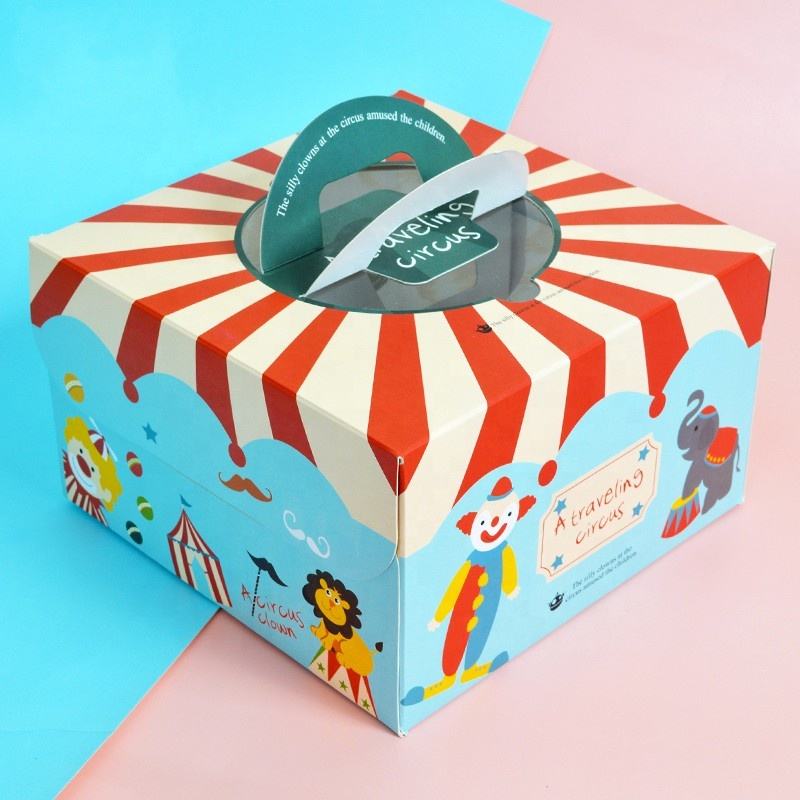Custom Full-Color Print Paper Cake Carry Box with Handle | Birthday Circus Geometric & Theme Print for Whole Cake Bakery Dessert Shop Takeaway Packaging | MOQ 100 pcs