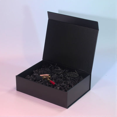 Custom Matte Black Magnetic Gift Box | Silver Logo & Satin Ribbon Bow Multi-Size for Apparel Beauty Jewelry Holiday & Corporate Gifts | MOQ 100 pcs