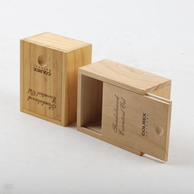 Custom Natural Pine Bamboo Laser Engraved Sliding Lid Small Square Wood Box | Finger Pull Groove Top Brand Logo & Product Name Engraving Unfinished Natural Grain for Essential Oil Soap Candle Tea Organic Brand Gift | MOQ 100 pcs