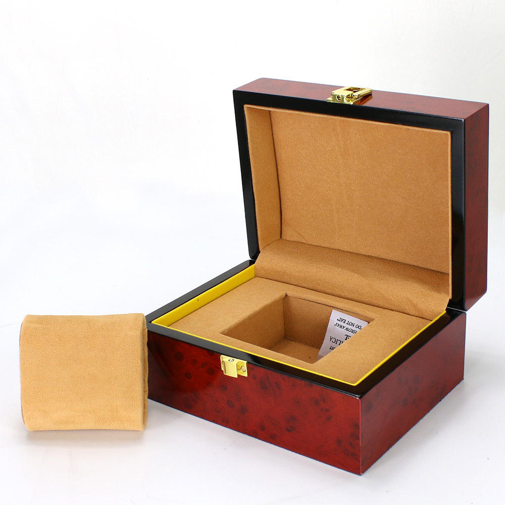 Custom Single Watch Wood Box | Deep Red Piano Lacquer Gold Top Clasp & Front Lock Beige Suede Watch Pillow Interior Black Edge Contrast for Luxury Watch Brand Premium Gift Packaging | MOQ 100 pcs