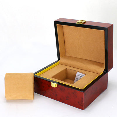 Custom Single Watch Wood Box | Deep Red Piano Lacquer Gold Top Clasp & Front Lock Beige Suede Watch Pillow Interior Black Edge Contrast for Luxury Watch Brand Premium Gift Packaging | MOQ 100 pcs