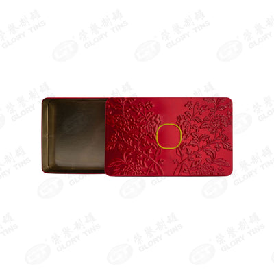 Custom Large Rectangle Chinese Style Embossed Peony Tin Box | Red Full-Surface 3D Floral Emboss Gold Brand Badge Print Hinged Lid for Mooncake Pastry & Premium Mid-Autumn Spring Festival Gift Tin | MOQ 100 pcs