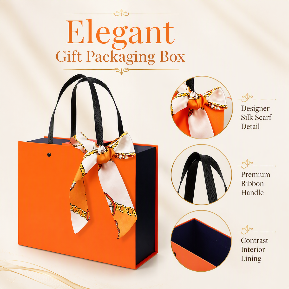 Custom Luxury Tote Style Magnetic Gift Box | Ribbon Handle & Silk Scarf Bow in Orange Navy for Jewelry Fashion & Holiday Luxury Gifts | MOQ 100 pcs