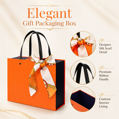 Custom Luxury Tote Style Magnetic Gift Box | Ribbon Handle & Silk Scarf Bow in Orange Navy for Jewelry Fashion & Holiday Luxury Gifts | MOQ 100 pcs