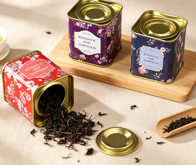 Custom Small Square Floral Romantic Tin Can with Gold Rim | 5.5x5.5x6cm Multi-Color Romantic Happiness Best Wishes Print for Tea Candy Aromatherapy & Small Gift Tin Packaging | MOQ 100 pcs