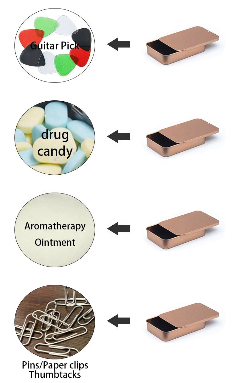 Custom Small Rectangle Slide Top Tin Box | Push-Pull Rounded Edge 6 Colors Gold Silver White Pink Rose Gold Black for Mint Candy Lip Balm Jewelry Essential Oil & Brand Promo Gift Tin | MOQ 100 pcs