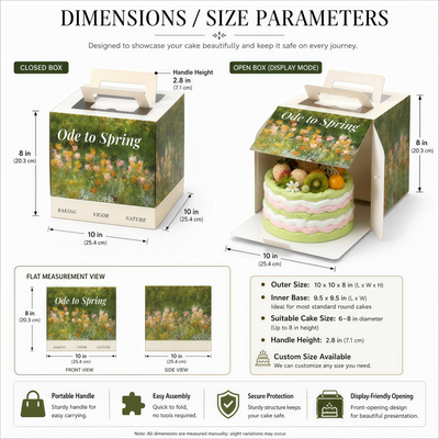 Caja para Tartas Enteras con Asa, Impresión a Todo Color Personalizada y Apertura Frontal | Estampado Botánico de Pintura al Óleo para Presentación de Tartas Premium de Panadería, Boda y Vacaciones de 6 y 8 Pulgadas | MOQ 100 unidades
